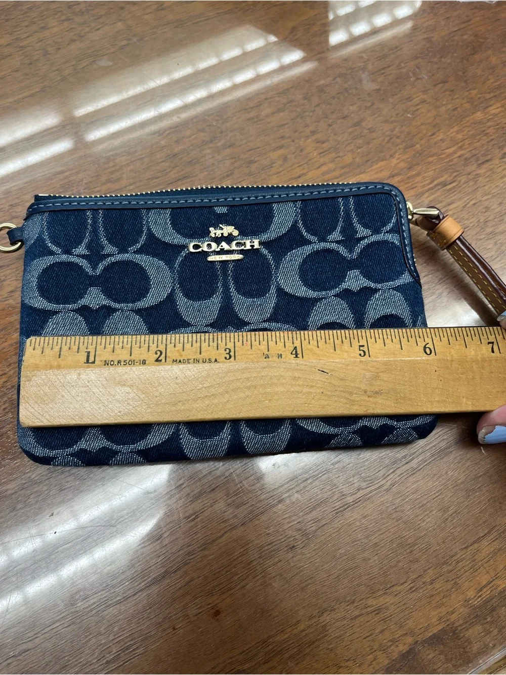 Coach Blue Signature Logo Wristlet with Brown Strap
